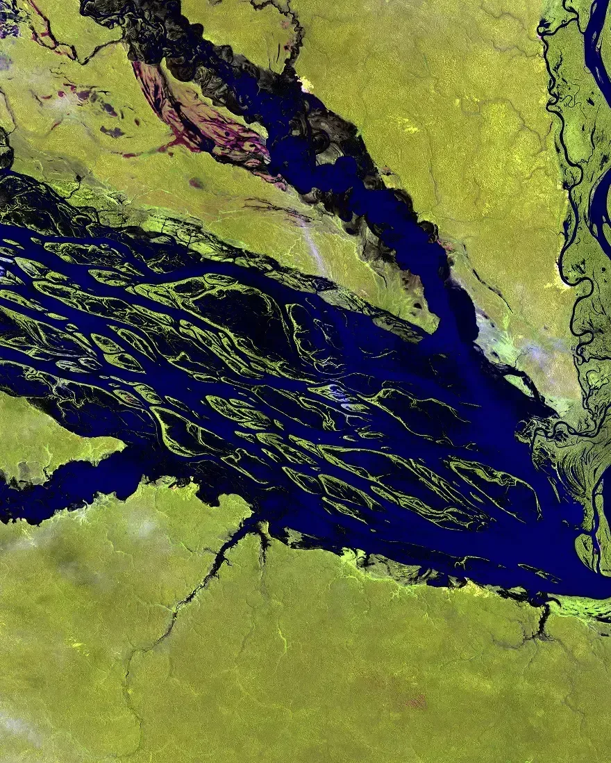 An aerial view of a dark river snaking through a thick tropical rainforest canopy.